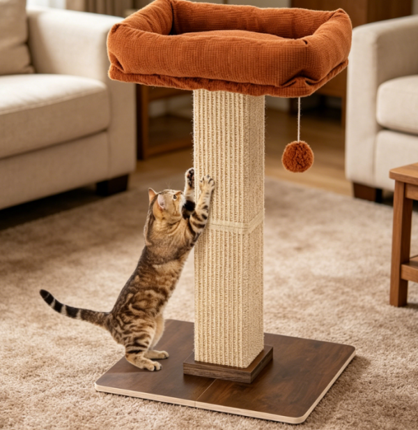 Retro-Style Extra-Tall Cat Scratching Post — Includes Resting Platform and Cat Bed; Integrated Solid Wood and Sisal Cat Furniture