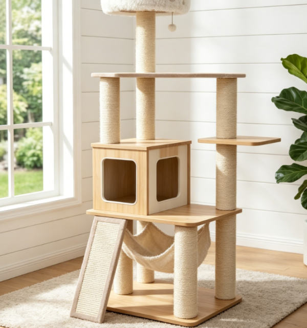 Classic "Light Luxury" Cat Climbing Tower: Multifunctional Home Cat Furniture featuring Plush Resting Areas, a Cat House, Hammock, and Sisal Scratching Posts