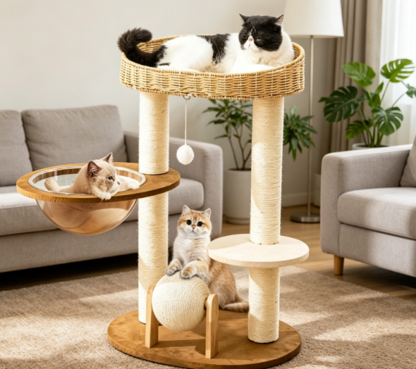 Minimalist Solid Wood Cat Activity Center: Creative Home Cat Tree featuring Natural Sisal Scratching Posts Paired with Fun Scratching Toys