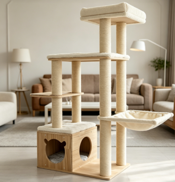 Sturdy, Large-Scale Cat Climbing Tower: Solid Wood Cat House Design with a Built-in Hammock; Features Sisal Scratching Posts and Removable, Washable Plush Cushions