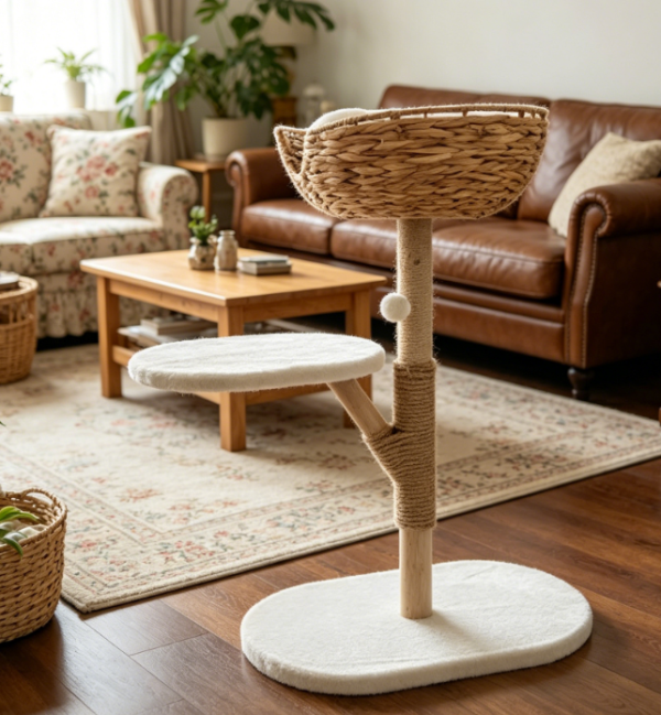 Natural Log-Branch Cat Tree: Multi-Tier Cat Leisure Villa featuring a Rattan Storage Bed, Sisal Scratching Posts, and Removable, Washable Soft Pillows