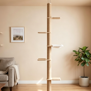 Floor-to-Ceiling Adjustable Cat Tree: Multi-Tier Vertical Climbing Tower featuring Sisal Scratching Posts, a Comfortable Hammock, and Indoor Play Furniture Design