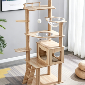 Ultra-Multifunctional Large Cat Tree: Cat Villa Tower featuring a Climbing Ladder, Food Bowl, Cushioned Platforms, Multiple Sisal Scratching Posts, and Fun Toys