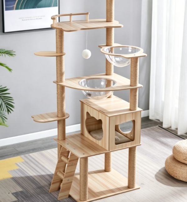 Ultra-Multifunctional Large Cat Tree: Cat Villa Tower featuring a Climbing Ladder, Food Bowl, Cushioned Platforms, Multiple Sisal Scratching Posts, and Fun Toys
